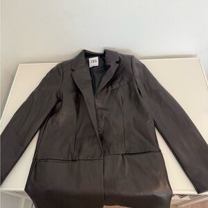 Zara Brown Leather Blazer Jacket